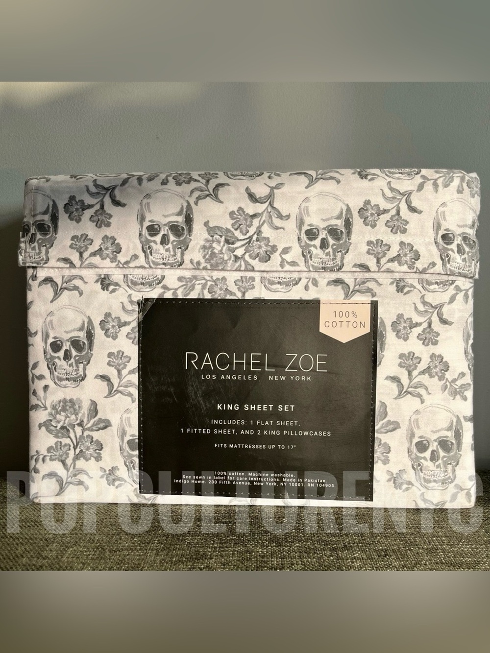 Rachel Zoe Halloween Floral Skulls King Sheet Set 100% Cotton Gray Multi NEW
